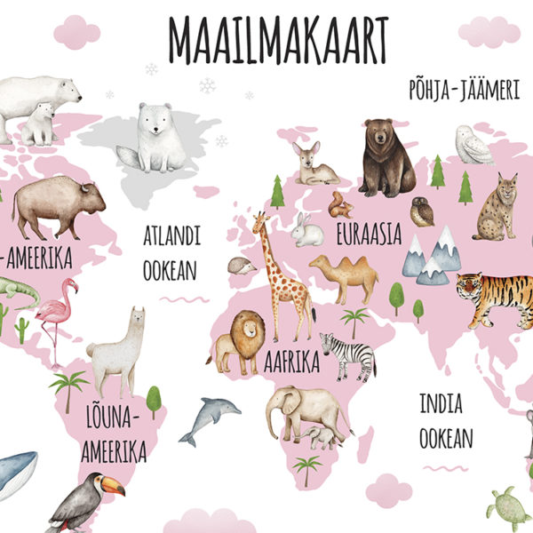 Maailmakaart, maakaardiga seinakleeps loomadega, dekoratsioon lastetuppa, seinakleebis, seinapilt