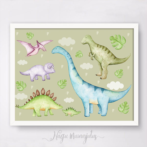 Dinosaurused poster lastele, personaalne, lapse nimega seinapilt, dekoratsioon, sisustus lastetuppa, Eesti disain