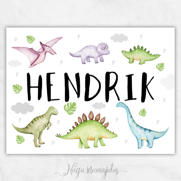 Dinosaurused poster lastele, personaalne, lapse nimega seinapilt, dekoratsioon, sisustus lastetuppa, Eesti disain
