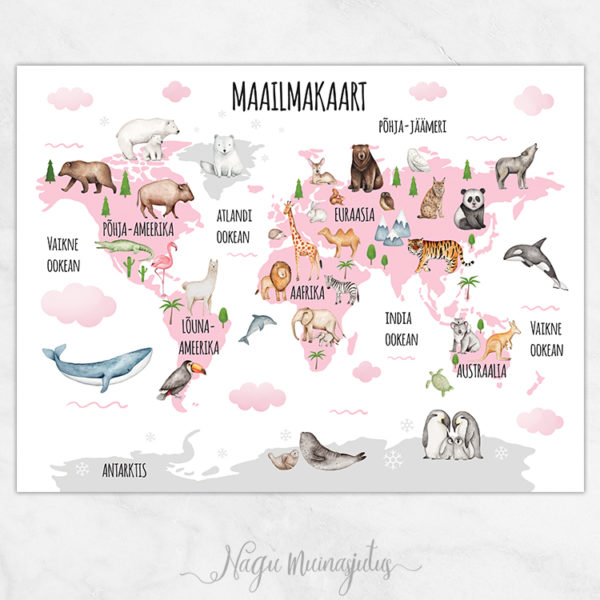 Maailma kaart loomadega, maakaart, poster lastetuppa