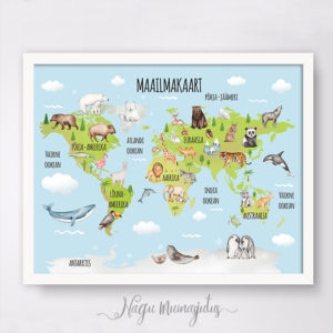 Maailma kaart loomadega, maakaart, poster lastetuppa