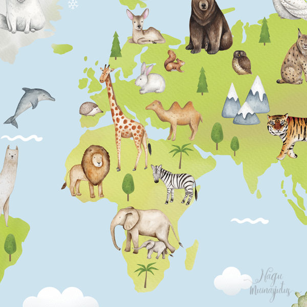 Maailma kaart loomadega, maakaart, seinakleeps, seinakleebis lastetuppa