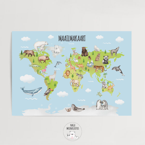 Maailma kaart loomadega, maakaart, poster lastetuppa, dekoratsioon, seinapilt