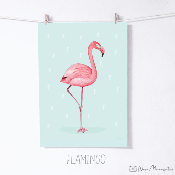 Maailma loomadega poster, mündi taustaga, flamingo