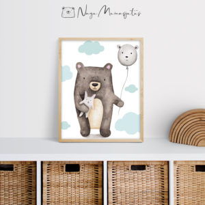 Karu siniste õhupallidega poster seinapilt lastetoa sisustus dekoratsioon
